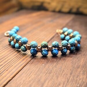 The Frontier's Genuine Faceted Turquoise In Handwoven Antique Copper Bracelet